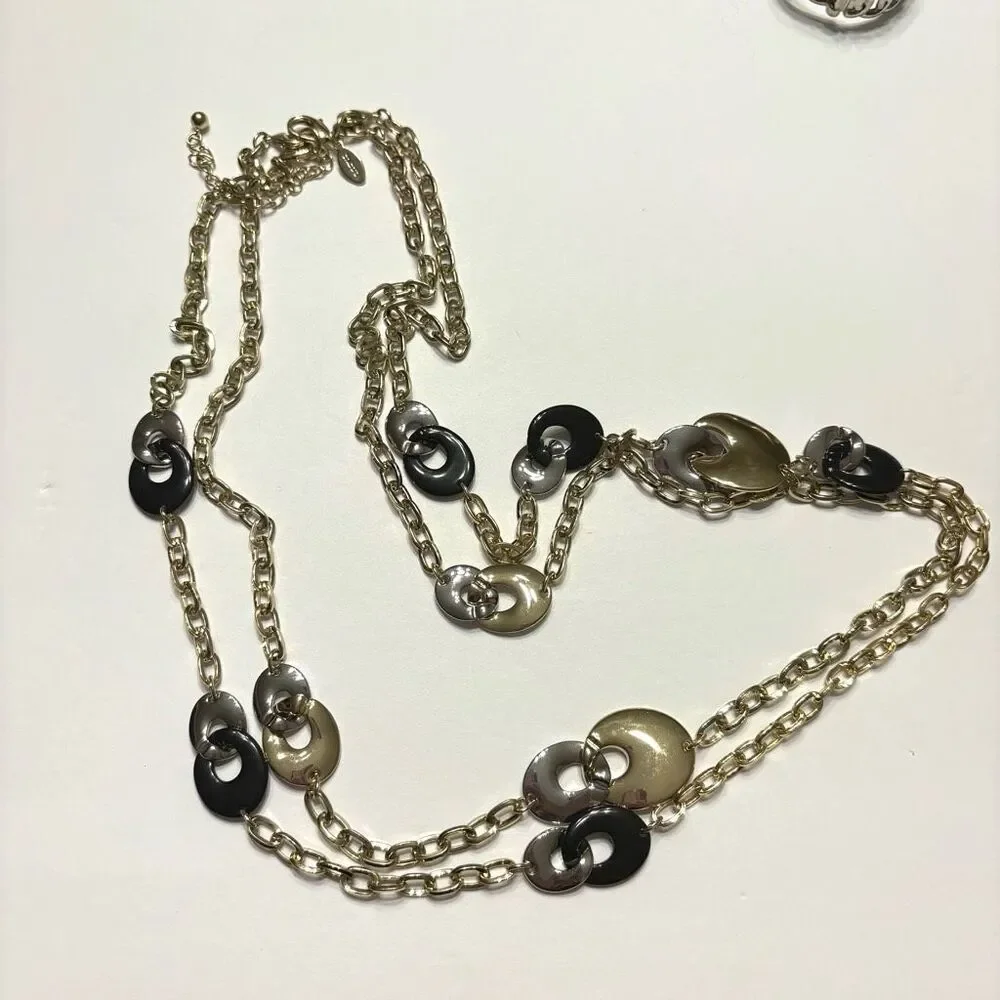 Chicos Women Two Tone Set of Necklaces Gold Silver Black Circle Rings Separable